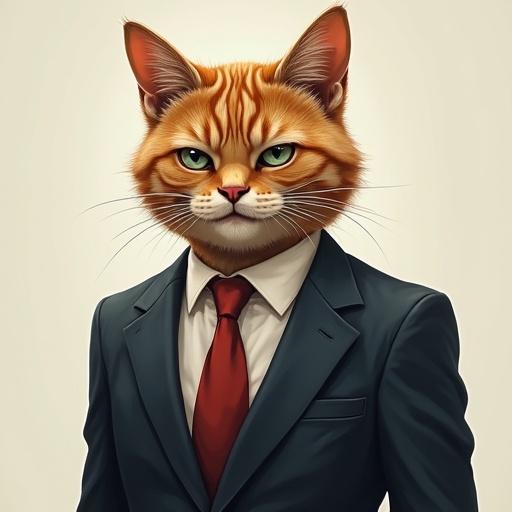 A semi-realistic cat wearing a tailored suit has a smug expression with half-lidded eyes and a confident smirk.