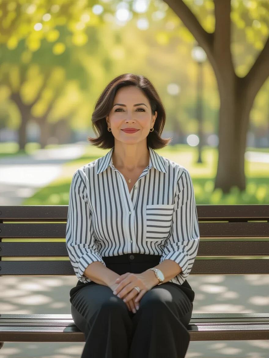 Photograph of a 45-year-old Mexican woman with dark short hair sitting on a park bench. She wears a striped shirt and wide-legged pants. Expression is calm and neutral. Posture is upright and relaxed. She looks straight ahead in a neutral stance. Overall appearance is elegant and serene. Background includes trees and sunlight filtering through leaves. Image captured from the waist up.
