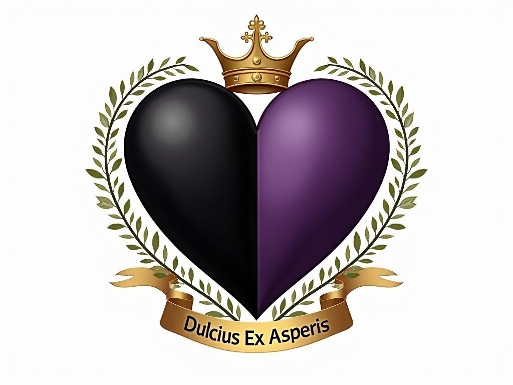 Heart-shaped shield with halved sections. The left half features a bold black charge, while the right half is adorned with a dark-purple charge. Surrounding the shield, there are delicate vines that enhance its elegance. At the top of the shield, a gold coronet rests, symbolizing royalty. Below, a ribbon unfurls, displaying the motto “Dulcius Ex Asperis”. This design merges elements of strength and beauty.