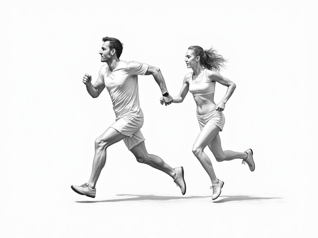 Full body view of a man and woman running side by side. Pencil figure drawing style inspired by John Buscema. White background focuses on the subjects.
