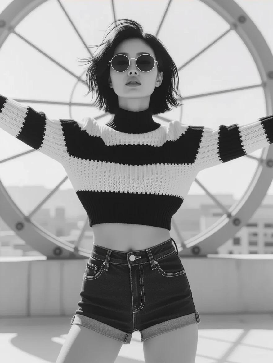 Monochrome high fashion upper body photo of a slim young Asian female supermodel. She has short messy black hair and wears a color-blocked tubular sleeve sweater. She jumps with arms spread wide, showcasing her midriff and high-waisted shorts. The background features a Constructivist-style observatory with primary color light shining through colored glass. The image captures soft natural lighting enhancing contrast and texture.