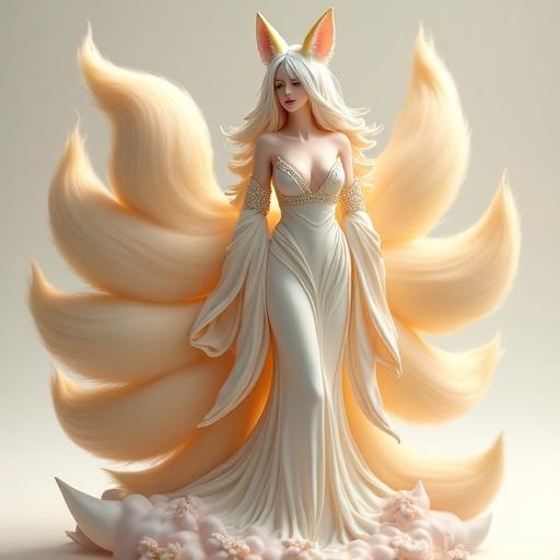 Sensual female figure inspired by nine-tailed fox. Adult woman with light skin and long white hair with soft golden highlights. Cream-colored fox ears with golden tips. She wears a long kimono-style dress in ivory, pearly white, and pale gold. Large and fluffy nine tails, light beige with a pale gold gradient. Majestic and elegant pose. Base formed by soft stones and white smoke. Mystical and refined style.