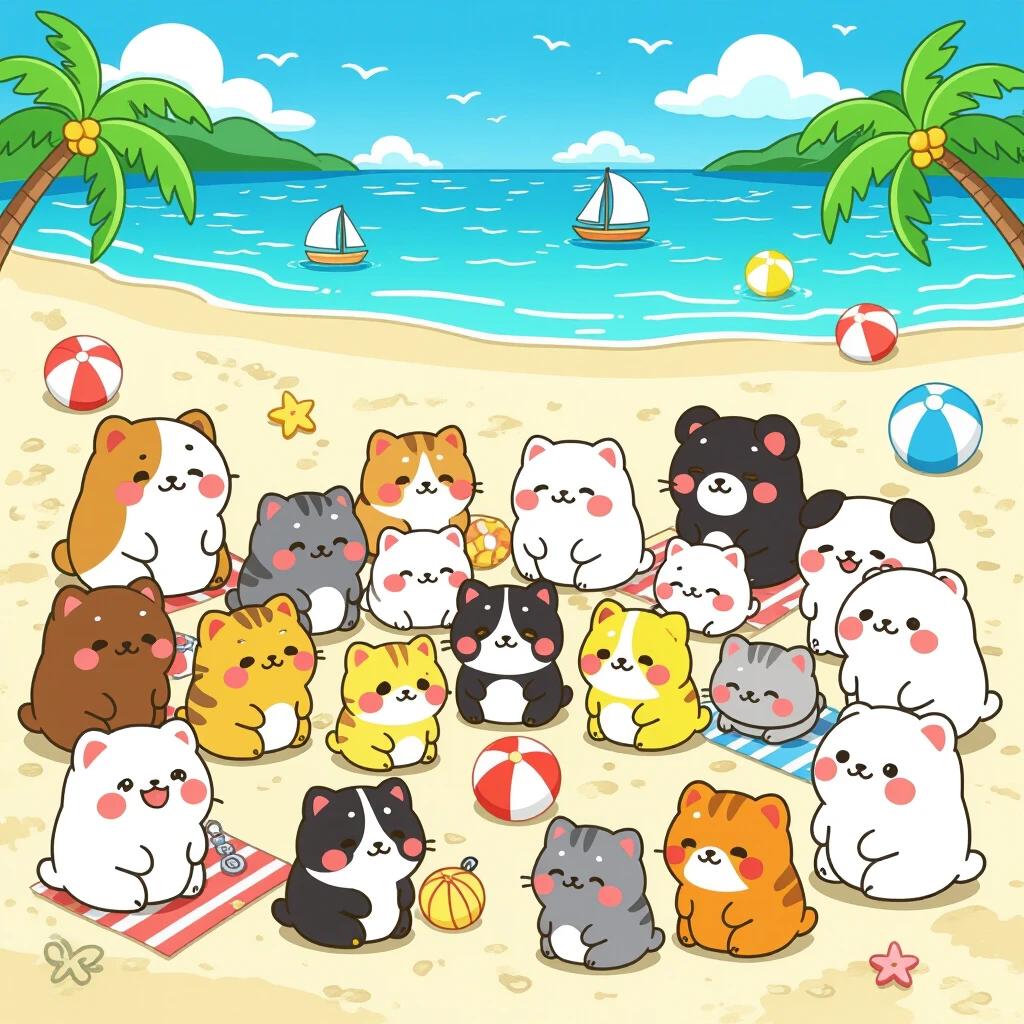 Image features a group of kawaii style animals at a beach. Cute cats and dogs sit together. A vibrant beach setting includes palm trees ocean and beach balls.