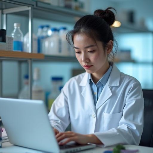 A female Asian scientist in a lab coat is working diligently on a laptop in a brightly lit laboratory. The background shows various laboratory equipment on shelves.