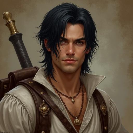 A male character with an inverted triangle build and honey skin tone. He has long jet black hair styled in a side-swept fringe. The character's facial features include a heart-shaped face and hazel almond eyes. He is dressed in medieval attire, wearing a tunic and leather. He accessorizes with a beaded necklace and holds a medieval backpack. The character has a humorous and mischievous expression, showcasing a protective yet secretly emotional personality.