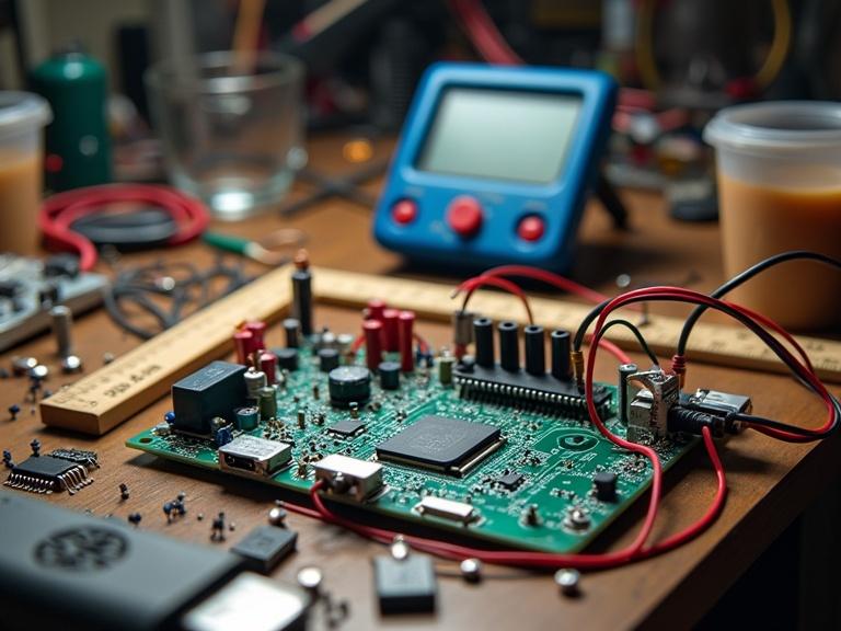 Photo of a cluttered workbench featuring an electronic circuit board with colorful wires including black and red wires. A multimeter with a blue casing is visible along with various small electronic components like resistors, capacitors, IC chips, and glass cups. A wooden ruler is present on a dark brown surface with overhead lighting. The cluttered workspace shows a chaotic arrangement of DIY electronics projects and tools.