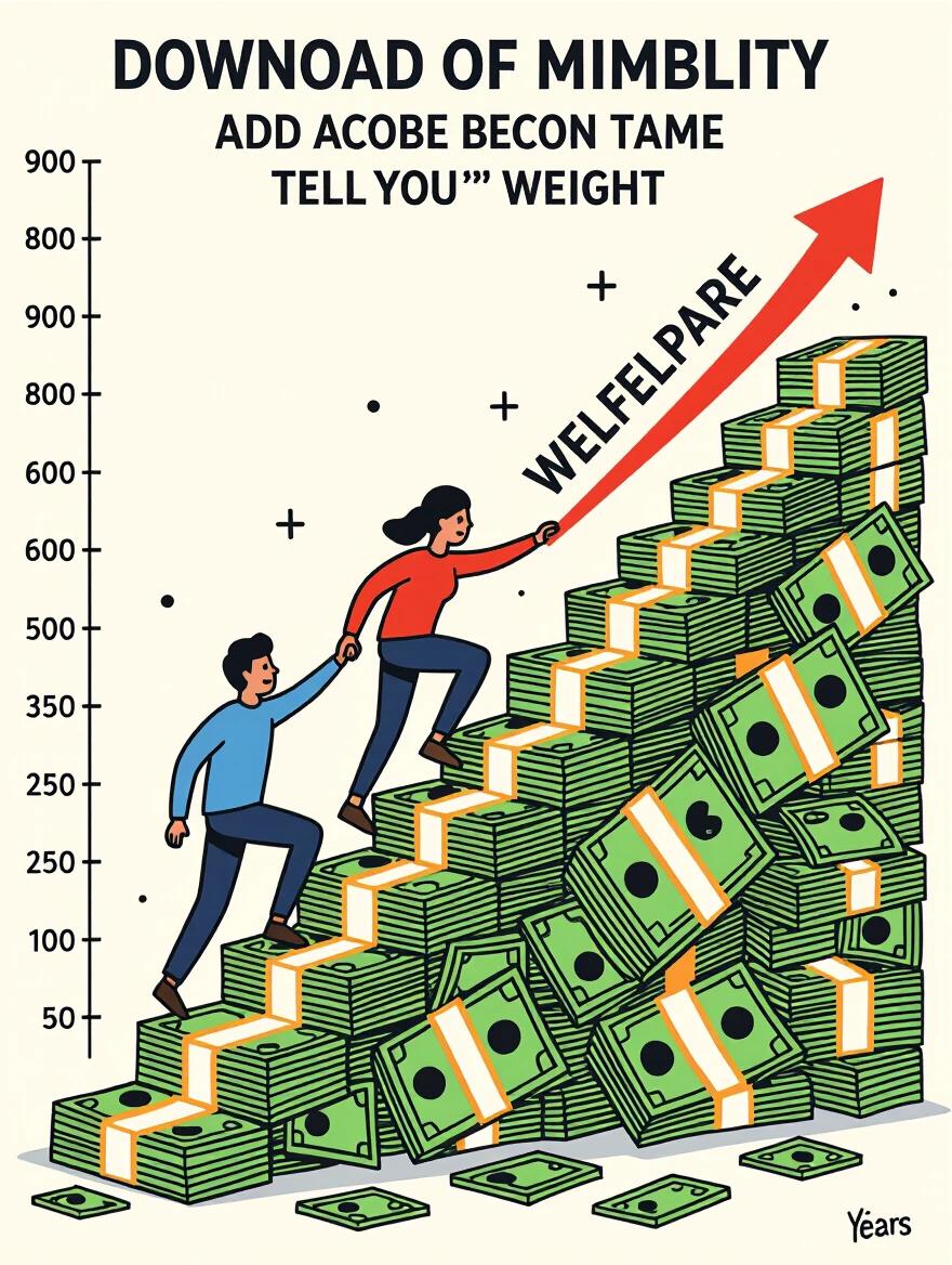 Create an image depicting a graph showing social mobility over years. Include a staircase made of money. Show a person climbing the staircase. The staircase is collapsing under the weight of welfare. Use bright colors and a straightforward visual style.