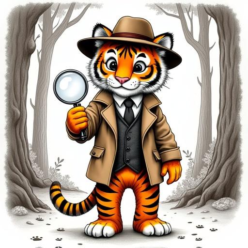 A detailed line drawing shows an anthropomorphic tiger cub in a forest. The cub stands confidently, wearing a deerstalker hat and trench coat. It holds a magnifying glass in one paw. The background features trees and paw prints. The style is intricate with black ink on white.