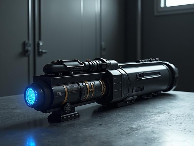 Bulky long military bevel rectangle black grenade launcher on a silver metal table. Specular reflection present. Blue glowing power silver metal cartridges visible. Detailed textures and shadows in a dark grey metal room with a spotlight from above.