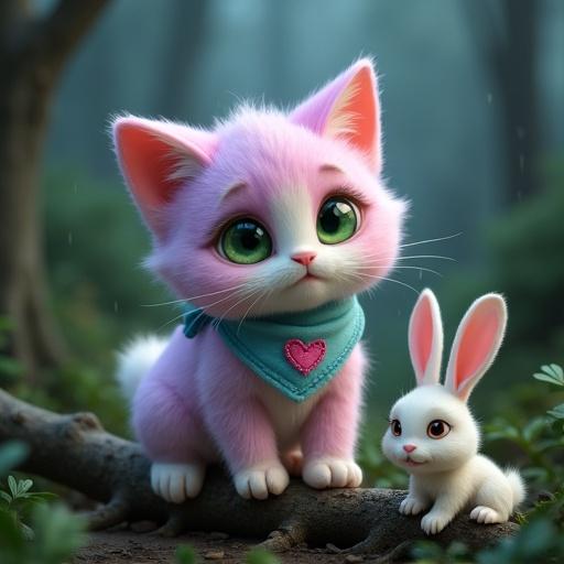 A fluffy anthropomorphic kitten with pastel pink lavender fur and creamy white belly. The kitten has large expressive green eyes. It wears a light blue bandana with stitched pink heart. The baby rabbit is small and innocent. The setting is a dark damp forest during a storm. The focus is on the kitten guiding the rabbit.
