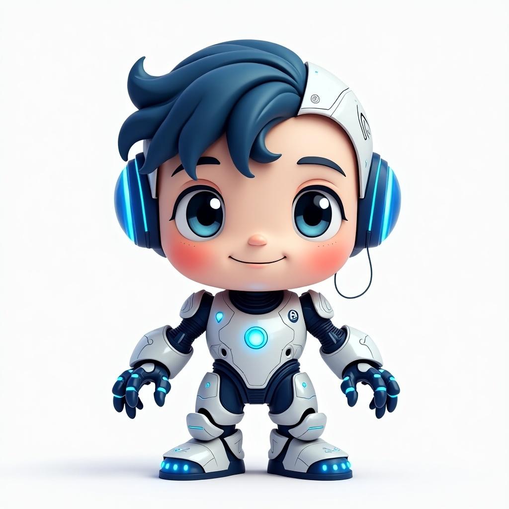 Generate a cute cartoon cyborg boy with a small, round body and dark blue hair. The primary color of the body should be metallic white (#eff3f6), accented with deep blue (#0a456f) and dark navy (#151f28). Include glowing circuits in bright blue (#2484c6) running across its chest, arms, and head to symbolize its AI-powered functionality. The arms should feature claw-like fingers with a futuristic, soft-tech design. Short, rounded boosters with glowing blue accents should complete the legs, adding to the overall robotic aesthetic.