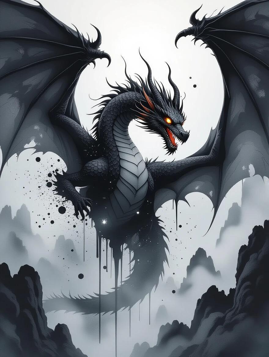 Colossal dragon emerging from a void. Wings trailing black streams. Ink forms jagged shapes in flight. Glowing eyes stand out against monochrome. Displaying dynamic movement and epic scale. Abstract and surreal art. Ink splatters resemble stars. Haunting and majestic visual.