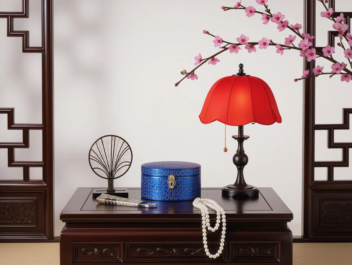 Image features Oriental-style vanity table. Blue jewelry box placed on table. Decorative red lamp beside jewelry box. White pearl necklace draped nearby. Fan and cherry blossom branches in background. Warm color gradient fills background.