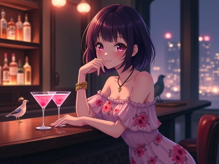 Anime-style illustration of a lady with dark violet bobbed hair and large expressive eyes at a dim bar. She wears an off-the-shoulder pink dress with floral patterns and has a gold necklace. The setting features cocktails and a blurred cityscape, creating a chic nightlife atmosphere.