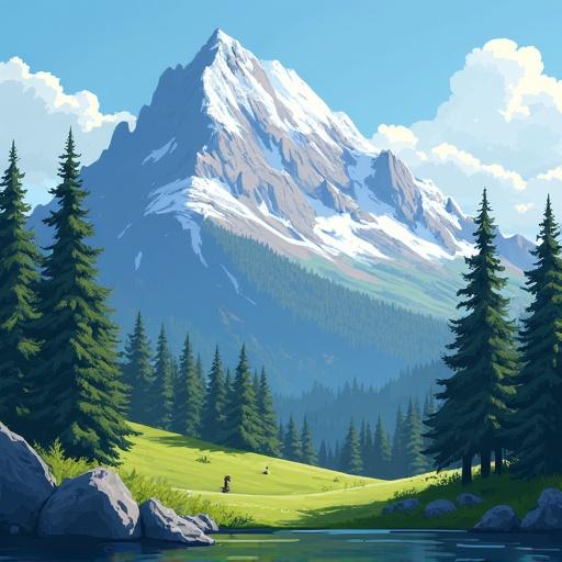 Mountain landscape with a tall snow-capped peak. Lush green meadows in the foreground. Dense forests surrounding the area. Clear blue sky with some fluffy clouds. A peaceful lake reflecting the sunlight. Two people exploring the scenery.