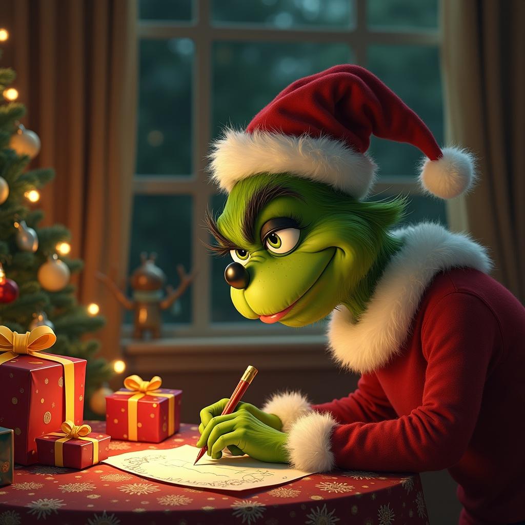 The image features a whimsical scene of the Grinch, a beloved animated character, dressed in a Santa outfit, jovially writing a letter. He is seated at a table adorned with vibrant Christmas presents, surrounded by festive decorations. The background reveals a warmly lit home, suggesting a cozy holiday atmosphere. The Grinch's expression is mischievous yet endearing, capturing the spirit of holiday fun. It’s a perfect illustration embodying the theme of Christmas and the joy of giving. The letter he is writing includes the name 'Aniya', implying a personal touch for the festive season.