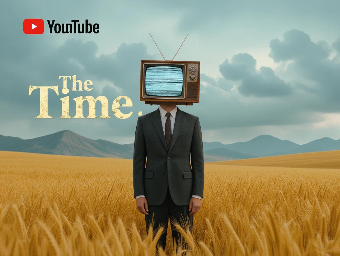 A high-resolution YouTube channel banner designed in vintage retro-futuristic style. A surreal landscape features a man in a classic suit standing in a golden field. His head is an old television with static. Behind him, a dramatic cloudy sky and faded mountains create mystery. The channel name 'The Timeless' appears in large serif font on the left, blending with the environment. Image has a faded sepia tone, film grain, and a nostalgic feel.