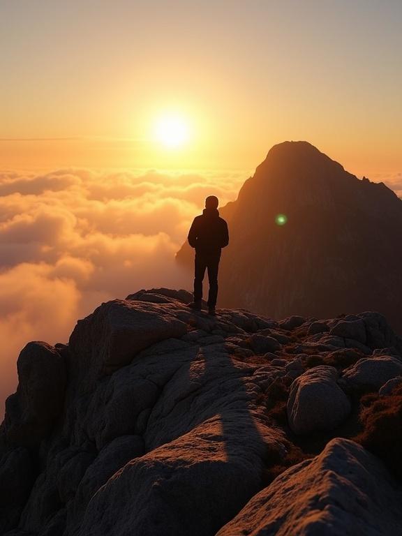 Person standing on a mountain ridge at dawn. Backlit by golden light through clouds. Foreground shows detailed rock textures with long shadows.