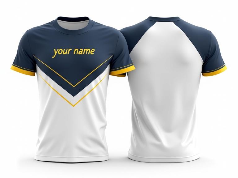 Generate a realistic image of a short-sleeve crew-neck t-shirt, viewed from the front and slightly from the back. The t-shirt has a two-tone design. The upper part is navy blue. The lower part is white. A prominent V-shaped band separates the colors, running across the chest, which is light grey with white stripes above and below. The sleeves have matching bands in light grey. The text 'your name' is written in yellow on the front. The back has a circular shape with 'YOUR LOGO HERE' in yellow on a black background. The background is plain white.