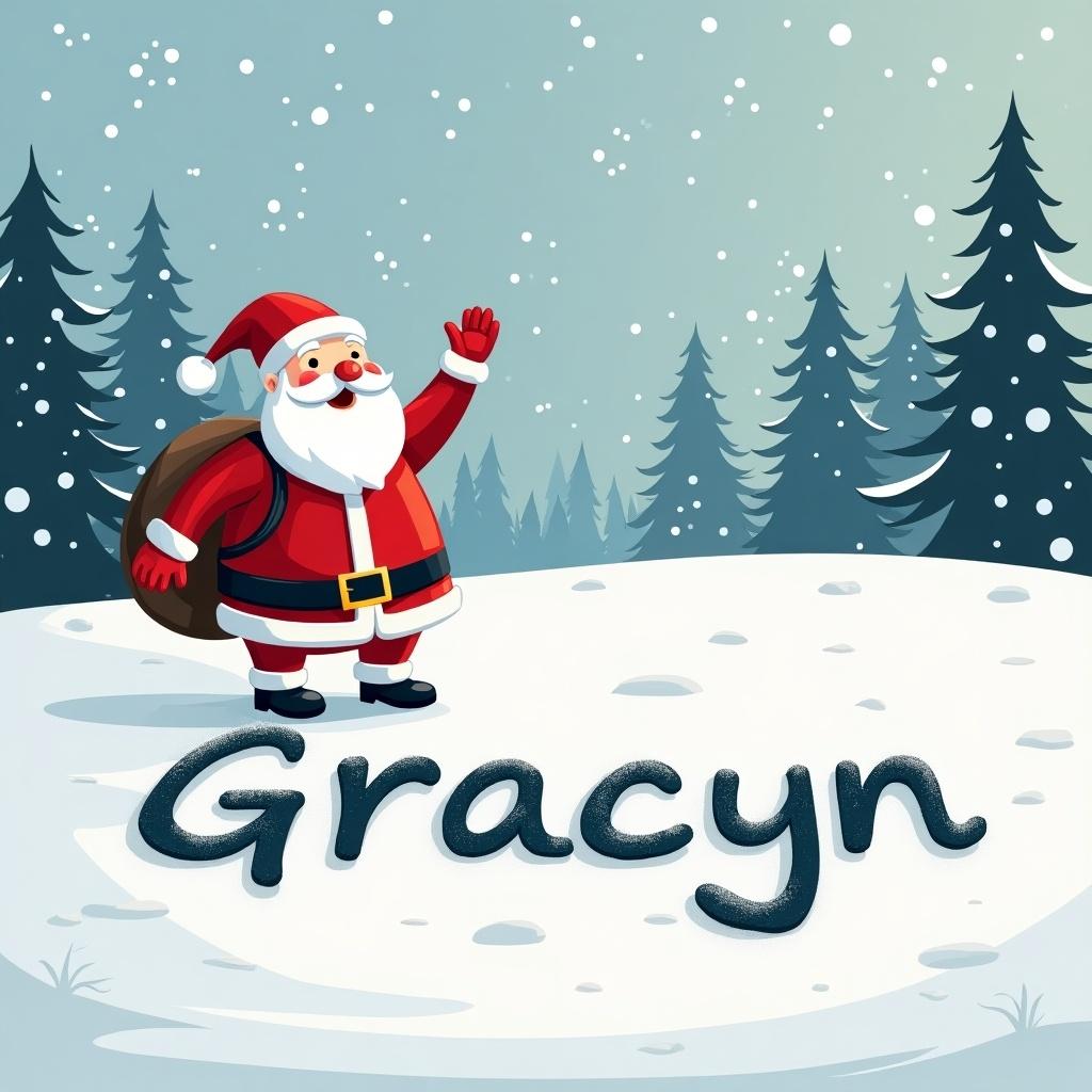 The image showcases a cheerful Santa Claus standing on a snowy landscape. He is wearing his traditional red suit and holding a large bag on his back. With a friendly smile, he waves to viewers, conveying a sense of holiday joy. In the foreground, the name 'Gracyn' is written in playful, dark letters against the white snow. The background features tall evergreen trees dusted with snowflakes, enhancing the wintery Christmas theme. Overall, the scene feels festive and inviting for the holiday season.