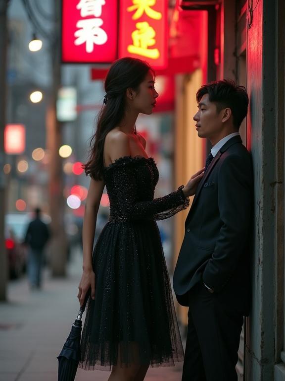 Korean woman stands on a street corner. She wears a black shimmering dress. A neon sign glows above her. Her fingers touch a discarded umbrella. A man in a suit leans on the wall behind her.
