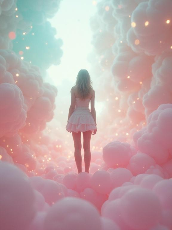 Surreal scene showing a girl in a white dress standing on jelly-like legs in a pastel-colored environment. Faint sparkles appear in an ethereal atmosphere. Detailed and cinematic lighting creates a dreamlike effect.