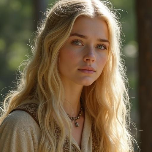 Elvish woman with fair skin and blond hair, outdoors. She has long flowing hair and a peaceful expression, wearing natural fabrics.
