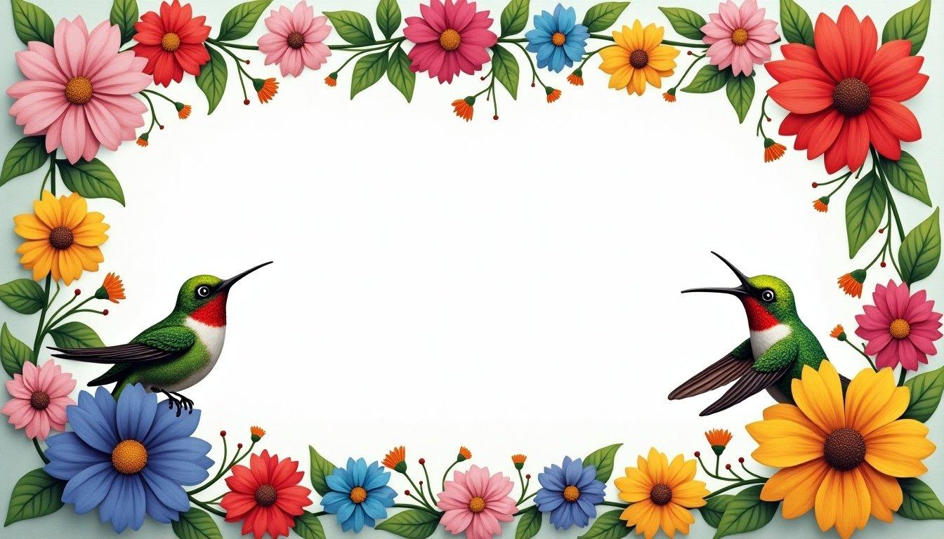 Horizontal frame design featuring colorful flowers and hummingbirds. The frame is 30 centimeters high and 40 centimeters wide. Small flowers surround the edges. Hummingbirds are positioned in the corners.