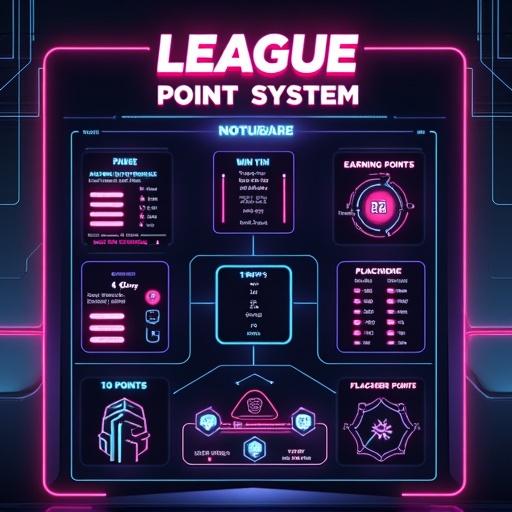 Design futuristic gaming leaderboard infographic titled 'League Point System' with bold visuals. Include sections explaining points earned in battle royale. Use high-tech background, glowing lines, sleek UI. Clearly show earning points, player kill, win placement points from 1st to 11th+. Use clean icons and glowing bar chart for ranking progression.