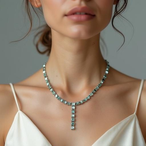 A female model wears a minimalist 18k white gold tennis necklace. The necklace features 70 emerald cut aquamarines in a flawless teal-blue. The model has fair-to-olive skin and a sleek low bun. She wears an ivory silk camisole. The lighting is soft and natural with a gray textured background. Focus is on the necklace with shallow depth of field.