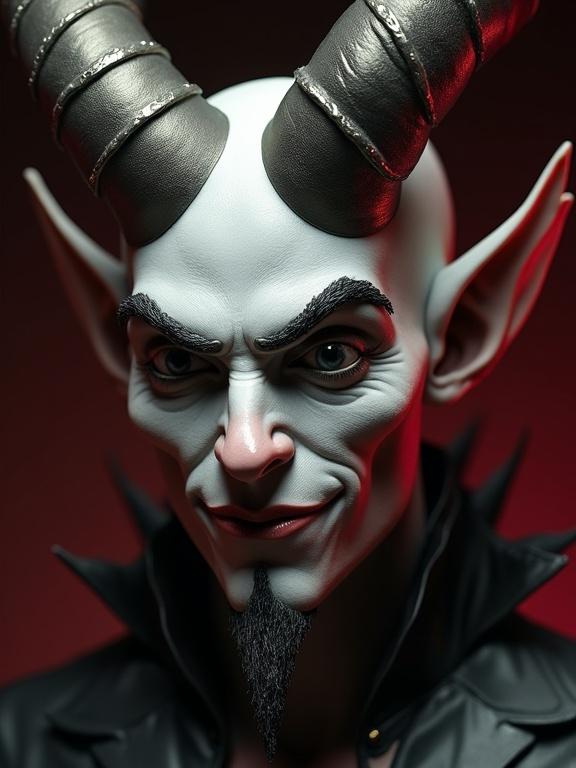A hyper-stylized 3D floating head of Krampus with a glamorous male avatar. Duchenne smile expression. Half-lidded eyes and arched brows with subtle lip curl. Porcelain-smooth skin with glossy vinyl finish. Highlighter on cheekbones and nose tip. Soft studio lighting with dewy glow.