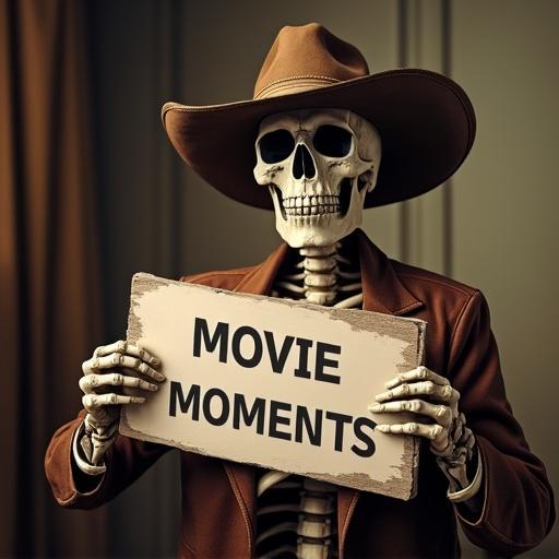 Skeleton wears a cowboy hat. Skeleton holds sign that says MOVIE MOMENTS. Background has a vintage feel. The scene feels playful and themed around cinema.