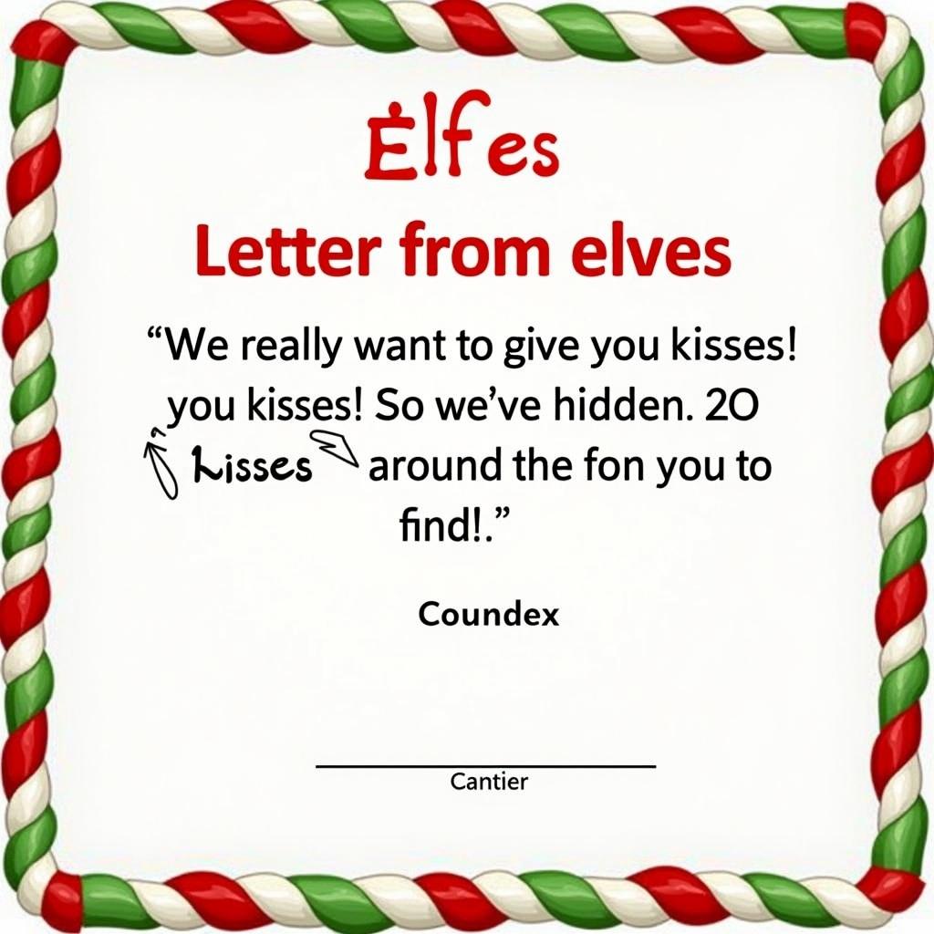 A letter from elves with a festive red and green candy cane style border. The message expresses the elves' desire to give kisses and mentions that 20 kisses are hidden to find.