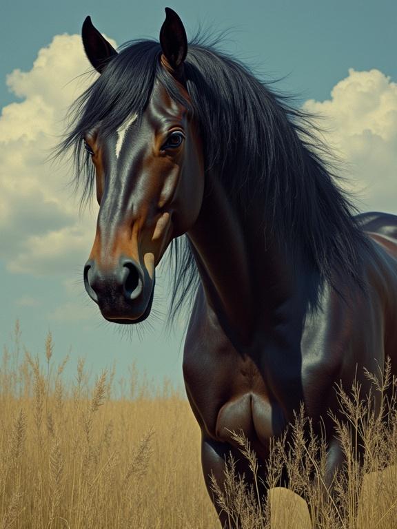 Ultrarealistic full body portrait of a dark female horse with rich details. Horse stands in a grassy field under a blue sky with clouds. Masterpiece art style by various famous artists.