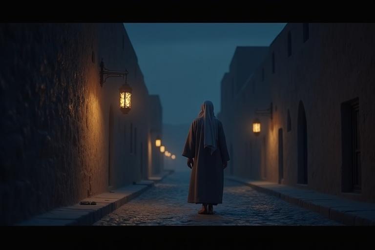 Scene depicting a figure walking through narrow streets at night. Soft lanterns light the dark path. The figure appears alert and tired. Shadows cast from buildings create a serene atmosphere. Pathway echoes with soft footsteps.