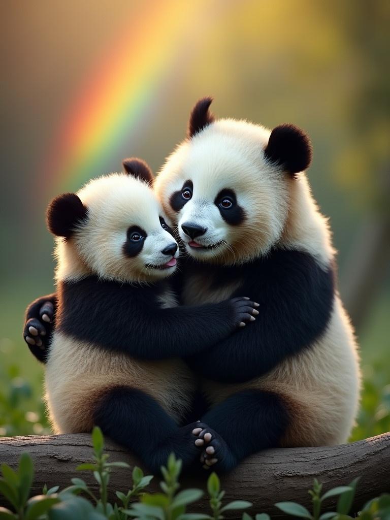 Mummy panda and baby panda hugging each other under a colorful rainbow in a green forest setting.