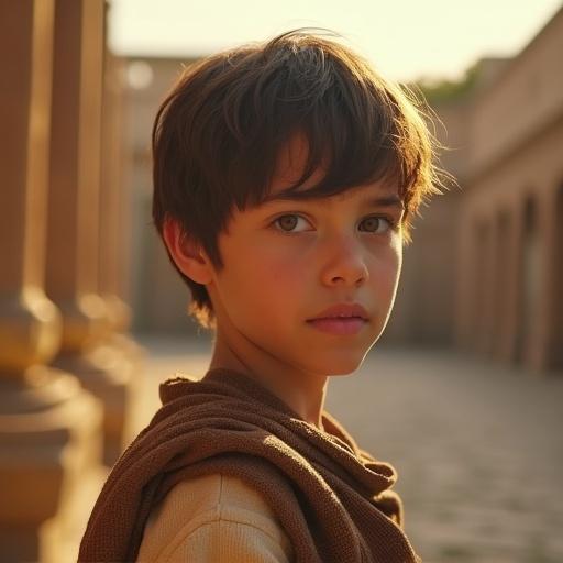 Photorealistic photograph of a young male, captured with a Canon lens on a DSLR. Natural lighting creates a warm atmosphere. Bokeh effect adds depth. Subject in servant's attire. Posed dynamically against an ancient Rome-inspired background. Sense of serenity.