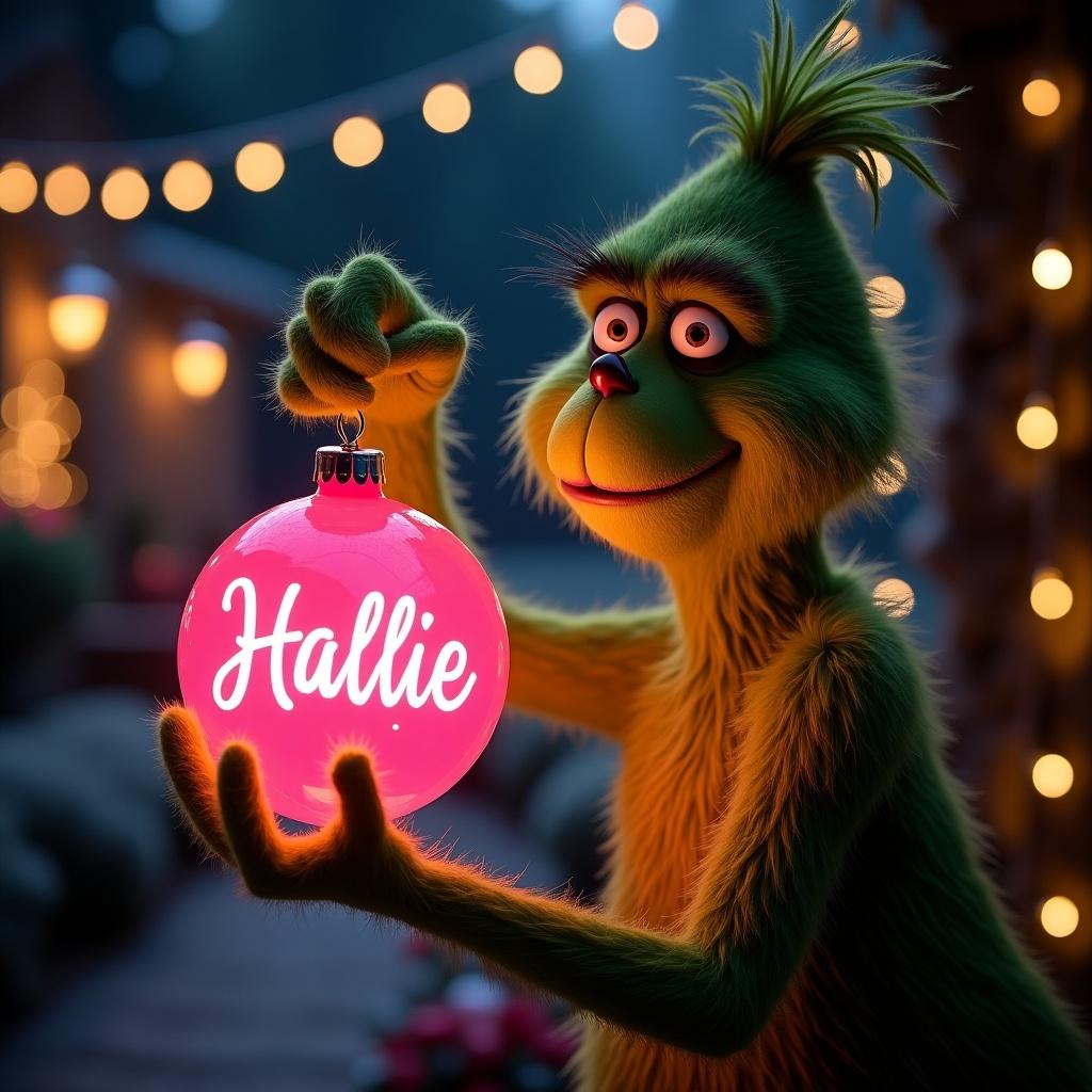 A night garden scene with a character holding a glowing pink ornament. The ornament displays a name in script. Twinkling Christmas lights create a magical background.