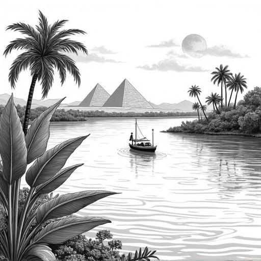 Serene landscape depicting a river scene likely of the Nile. Large tropical plant leaves and reeds in the foreground. A small boat is moored on the shore. A felucca sailing on the water. Banks lined with palm trees. In the background, pyramids stylized against a cloudy sun. The style is that of a travel book illustration with clear lines and balanced composition.