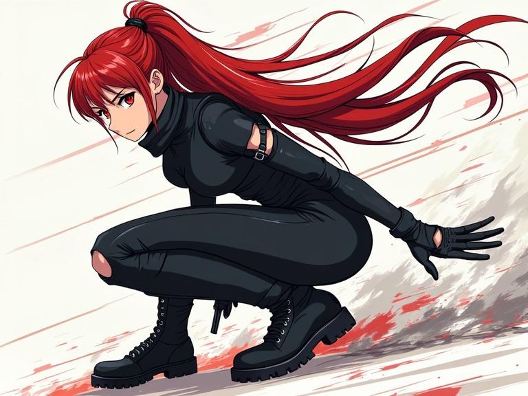 Dynamic anime-style assassin in action pose. Flowing red hair. Sleek black tactical bodysuit with cutout details. High-heeled boots. Crouching stance with weapon ready. Stylized geometric background. Motion lines and speed effects. Modern anime illustration style.