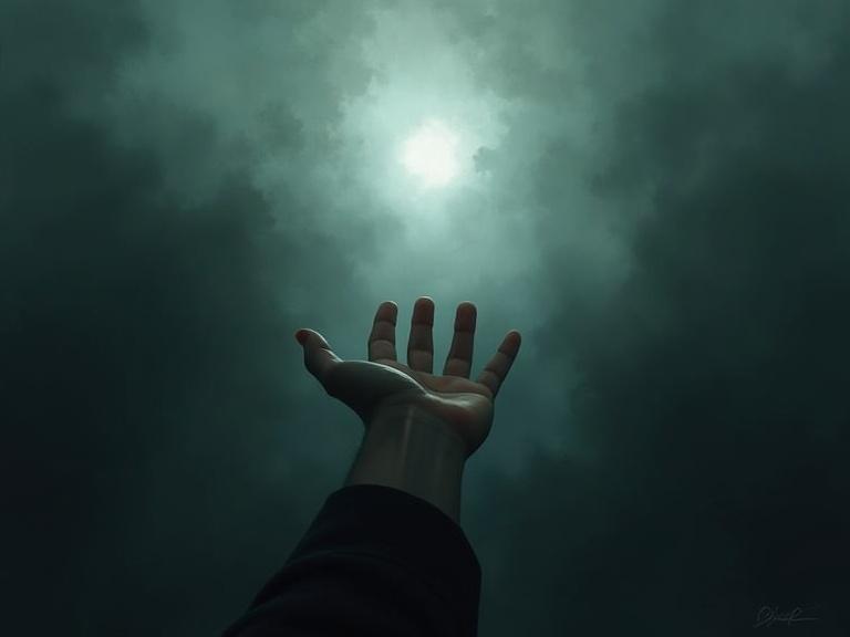 A hand reaches towards a distant light source through dense fog. The hand is obscured, hinting at struggle. Digital painting showcases expressive, painterly style with loose brushwork and atmospheric lighting conveying emotional depth.