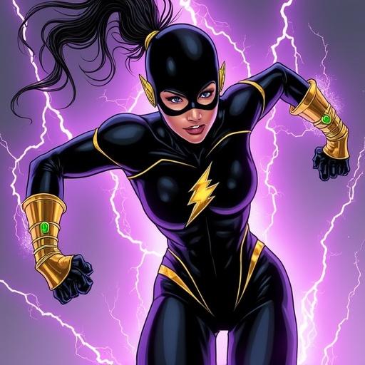 A female speedster superhero inspired by Flash. She wears a black suit with gold and violet accents. Dynamic running pose surrounded by purple lightning. Hair in a tight wavy ponytail. Cowl covers her eyes. Suit made of Kevlar and silk, in comic book style.