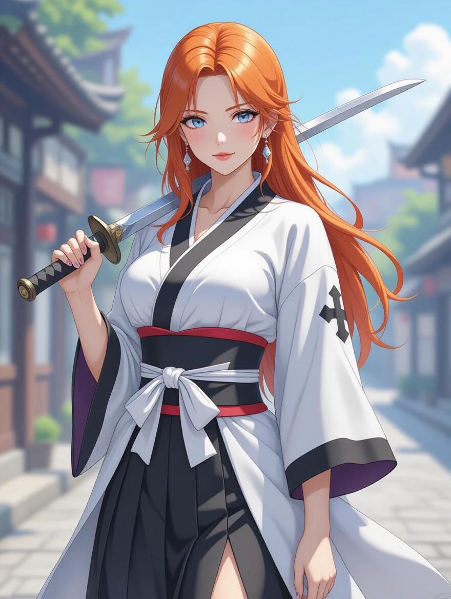 A female character stands confidently in traditional samurai attire. Orange hair flows down her shoulders. She holds a katana in her right hand.