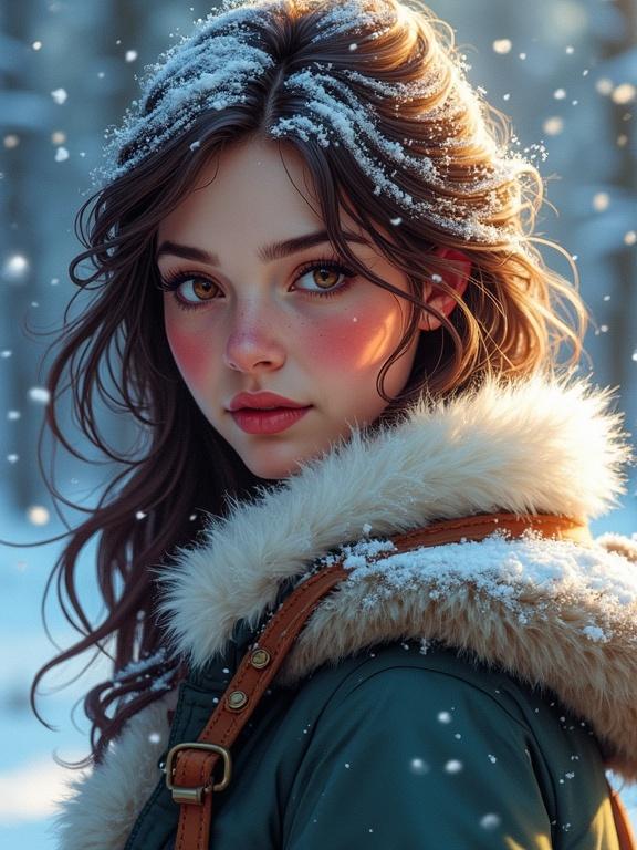 Digital comic book illustration. Semi-realistic textures and dramatic lighting. Young woman with rosy cheeks and snow-dusted hair. Wearing fur-lined cloak. Looking at viewer with sparkling eyes. Scene features falling snow and shallow depth of field.