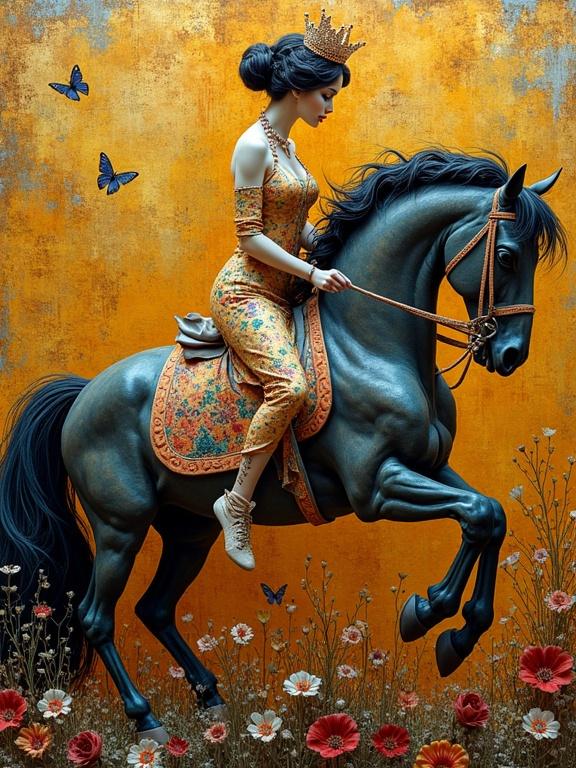 A multi-layered 3D artwork of a lady riding a horse. The lady is in an ornate outfit and wears a crown. The background is vibrant and textured, featuring flowers and butterflies. The style is whimsical and intricately detailed, inspired by various artists.