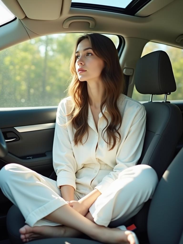 Young woman sits cross-legged in passenger seat of modern car. Sunlight streams through sunroof illuminating the interior. She wears a white outfit reflecting the light. Her posture is relaxed and she has a thoughtful expression.