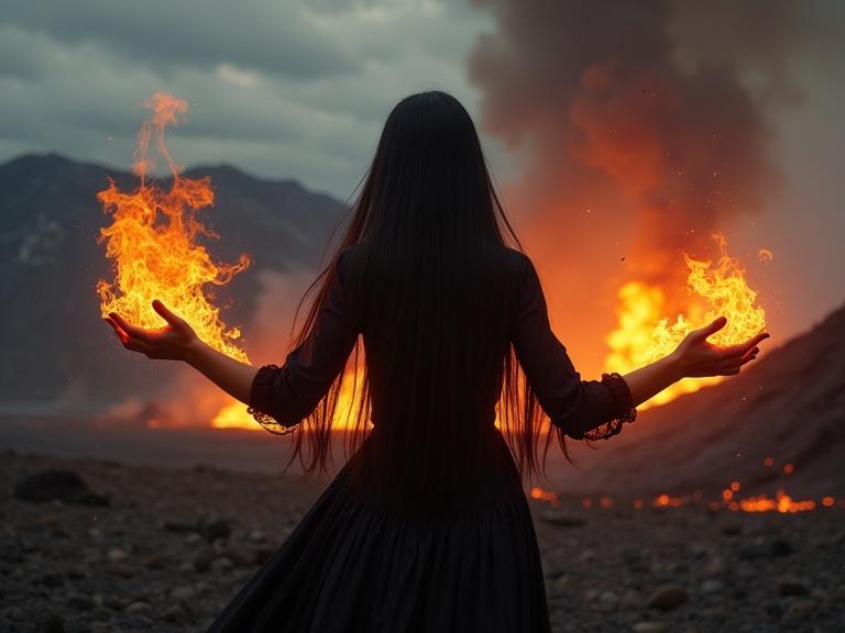 Realistic depiction of a woman with long black hair wearing a black dress. Flames in her hands, standing in a volcanic landscape. Smoke and glowing magma in the background, ash falling from the sky, heat distortion, dark clouds.