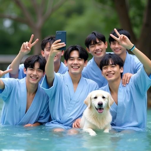 Seven twenty-year-old Japanese men in blue yukatas take a selfie in an open-air hot spring. Center man holds smartphone. All smile and make peace signs. White dog sits beside them. Scene styled as a realistic fashion photo.