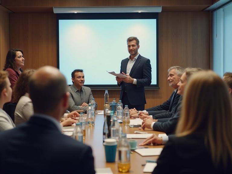 A business meeting is taking place. Attendees are seated around a table. A man is giving a speech. There is a projector screen in the background. People are engaged and listening.