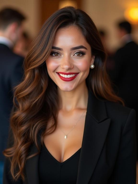 Captivating portrait of a woman with a warm smile. She has long, wavy brown hair with highlights. Heart-shaped face, high cheekbones, almond-shaped brown eyes, full eyebrows, straight nose. Makeup is elegant, deep red lips, pearl earrings. Dressed in a fitted black blazer and black V-neck top. Blurred crowded room background. Woman exudes confidence and poise.